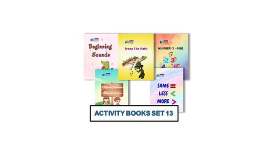 Activity Books Combo 13 - Beginning Sounds, Cursive Alphabet Trace And Write, Number (1-100), Same Less More, Trace The Path