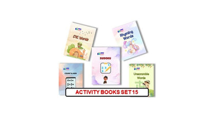 Activity Books Combo 15 - Count And Add, CVC Words, Rhyming Words, Sudoku, Unscramble Words
